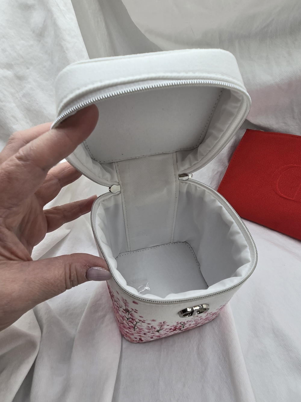 Dior White & Pink Floral Vanity Pouch and Red Cosmetic Clutch Set - Picture 5 of 14